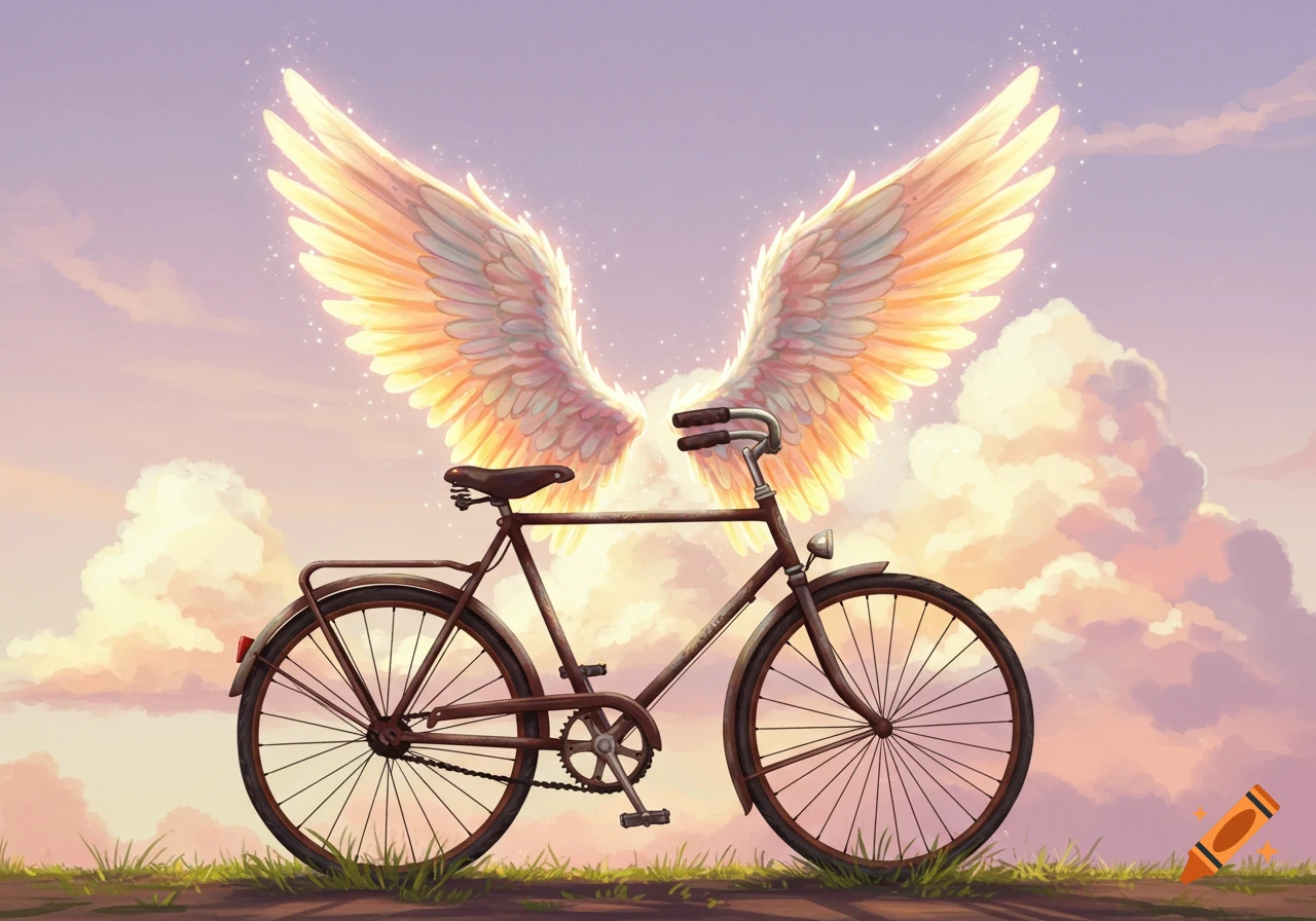 A bicycle with large, glowing angel wings attached, set against a pastel sunset sky.