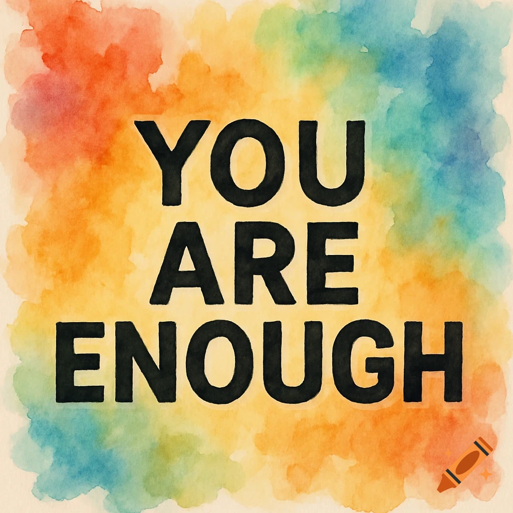 Black block text 'YOU ARE ENOUGH' on a colorful watercolor background.