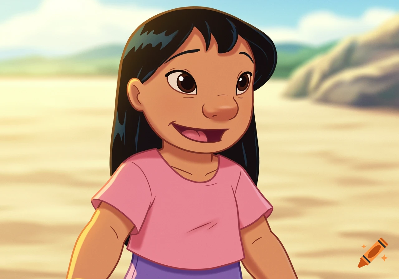 Cartoon of Lilo from Lilo and Stitch in a pink shirt on a beach