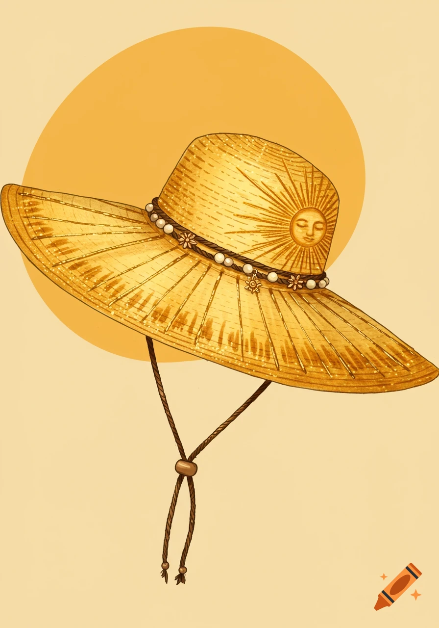 Illustration of a wide-brim straw hat with a sun face design, decorated with beads and charms, against a yellow background.