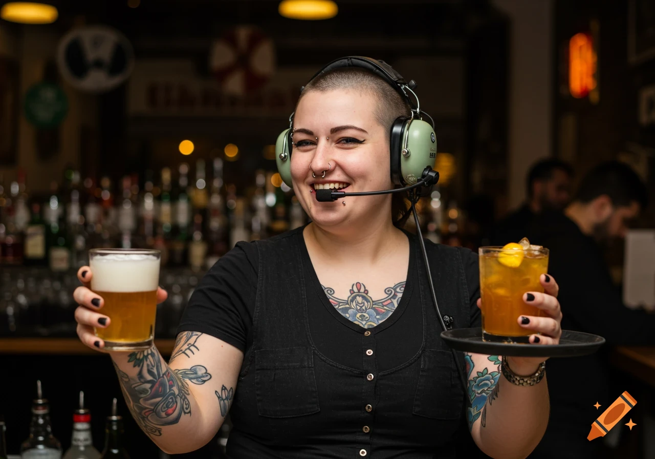 A smiling bartender with tattoos and a headset holds a beer and a cocktail.