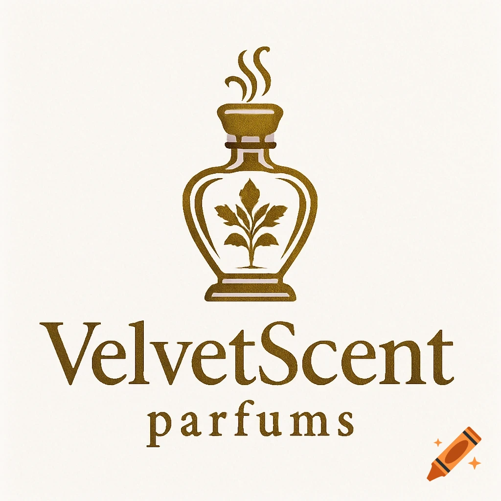 Luxurious logo for VelvetScent parfums featuring a stylized bottle icon with a plant inside and rising scent on a white background.