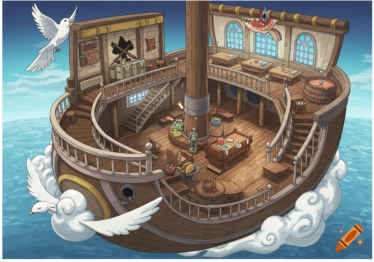 Anime style isometric view of a ship interior with a character, furniture, and flying doves, sailing on clouds.