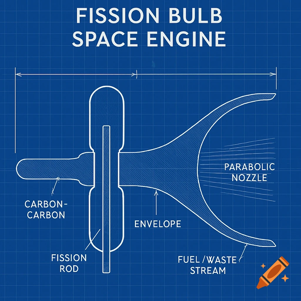 A blueprint diagram of a 'Fission Bulb Space Engine' with labels for its components.