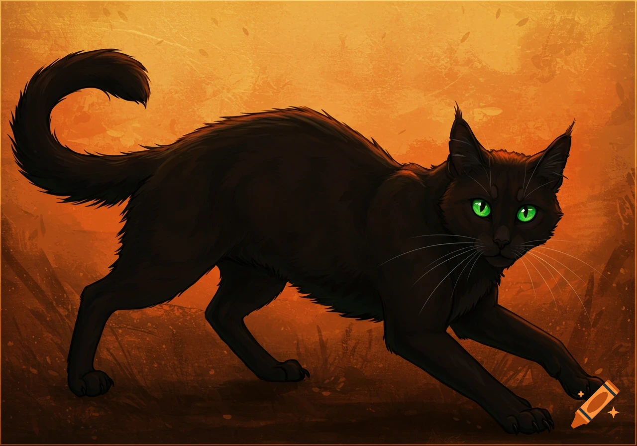 A black cat with green eyes in a stylized orange background.