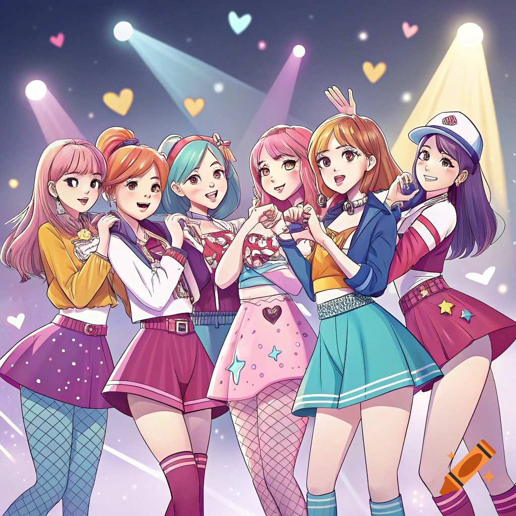 Anime-style K-pop girl group performing on a stage with spotlights and hearts.
