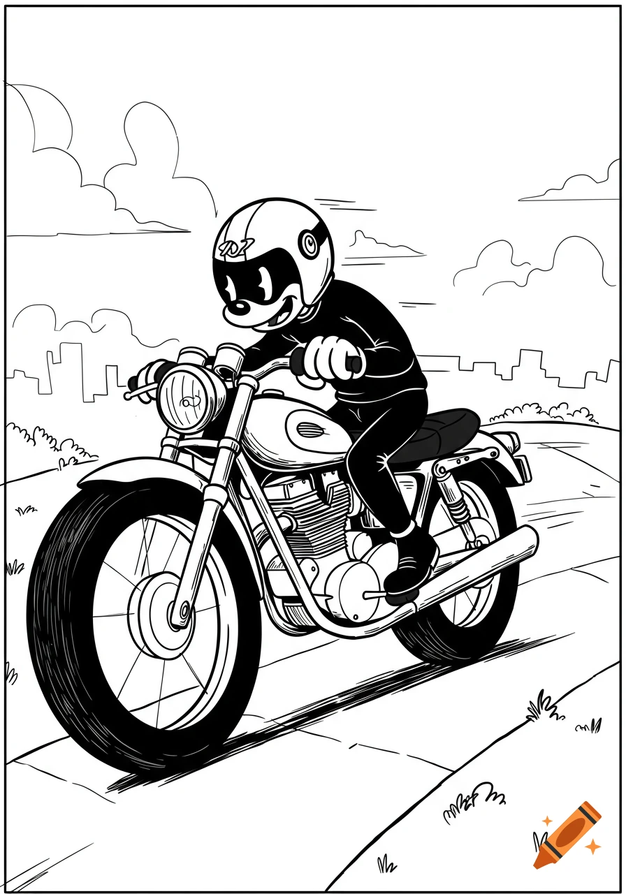 A black and white cartoon character rides a motorcycle.