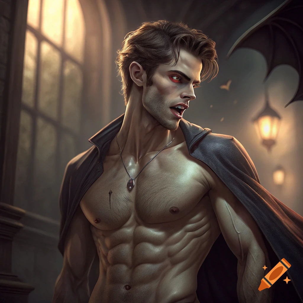 Muscular male vampire with red eyes and fangs wearing a cape