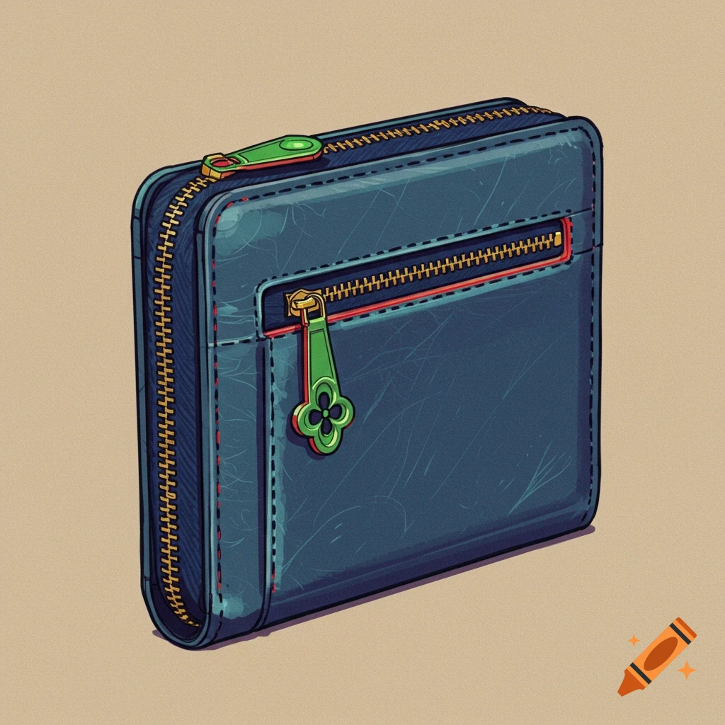 A blue wallet with zippers in an illustrative style.