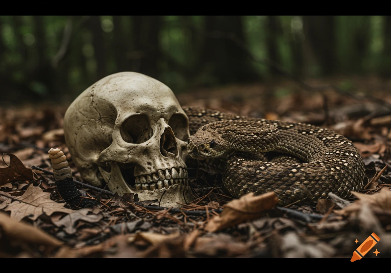 A rattlesnake rests beside a human skull on a forest floor.