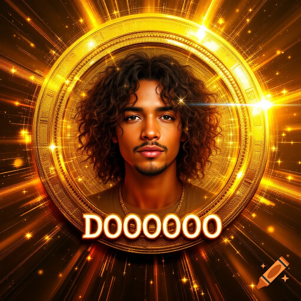 A portrait of a man in a golden, shining circular frame with the word DOOOOOOOO below