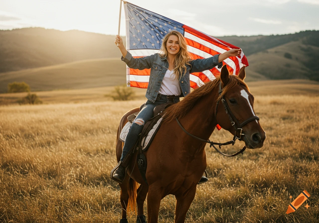 A woman rides a horse in a field, smiling and waving a US flag at sunset. Photorealistic.