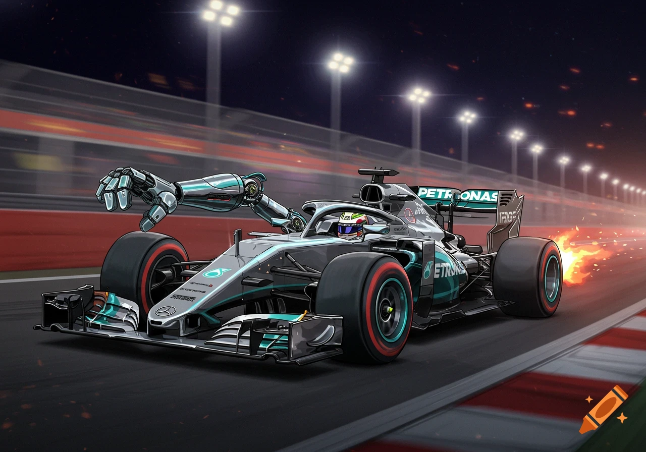 Illustrated F1 car with robot limbs on a racetrack at night.