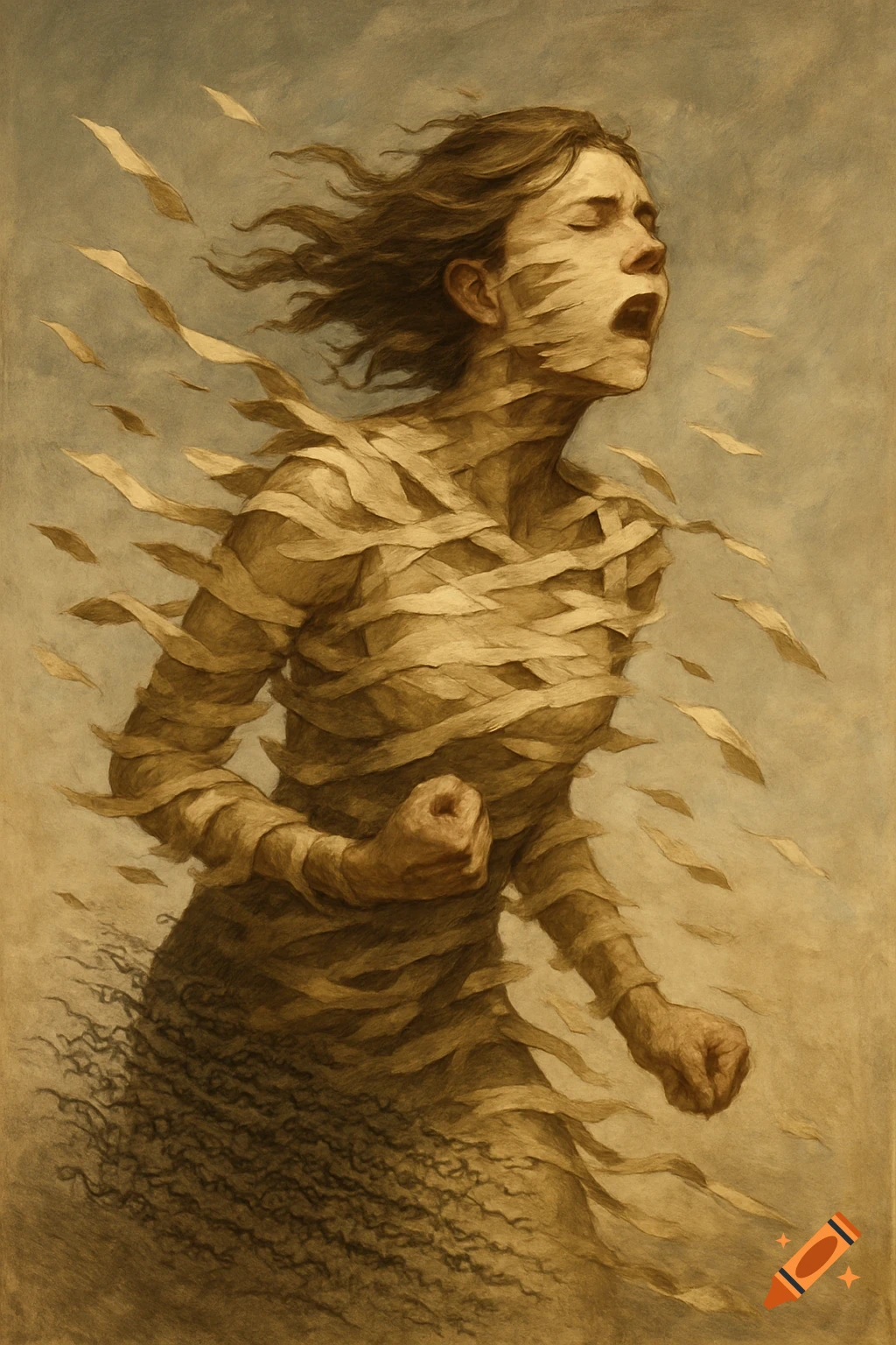 A woman made of paper strips screams as wind pulls her apart in a textured painting.