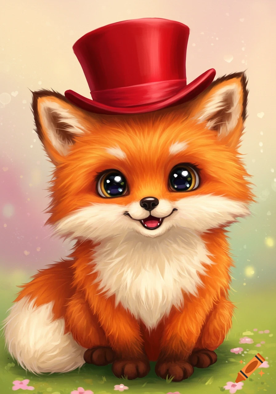 A cute cartoon fox wearing a red top hat sits in a field of flowers.