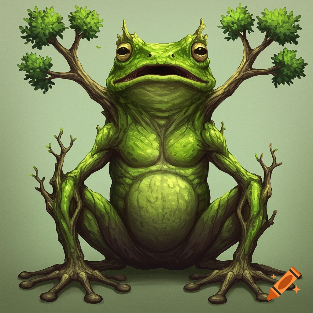 Muscular green frog creature with tree branch limbs and leaves sitting upright.