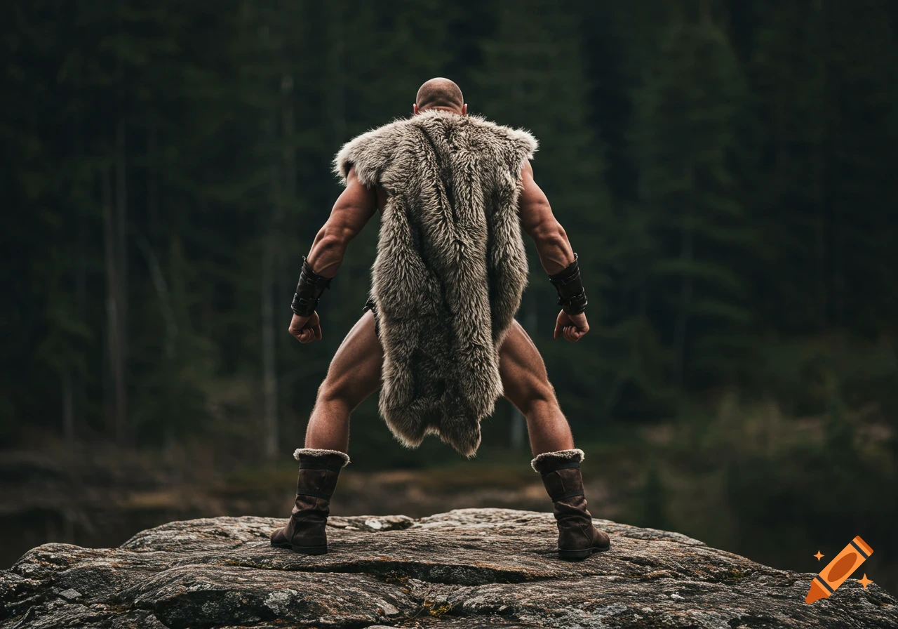 A muscular man in a fur cape stands on a rock in a forest, viewed from behind.