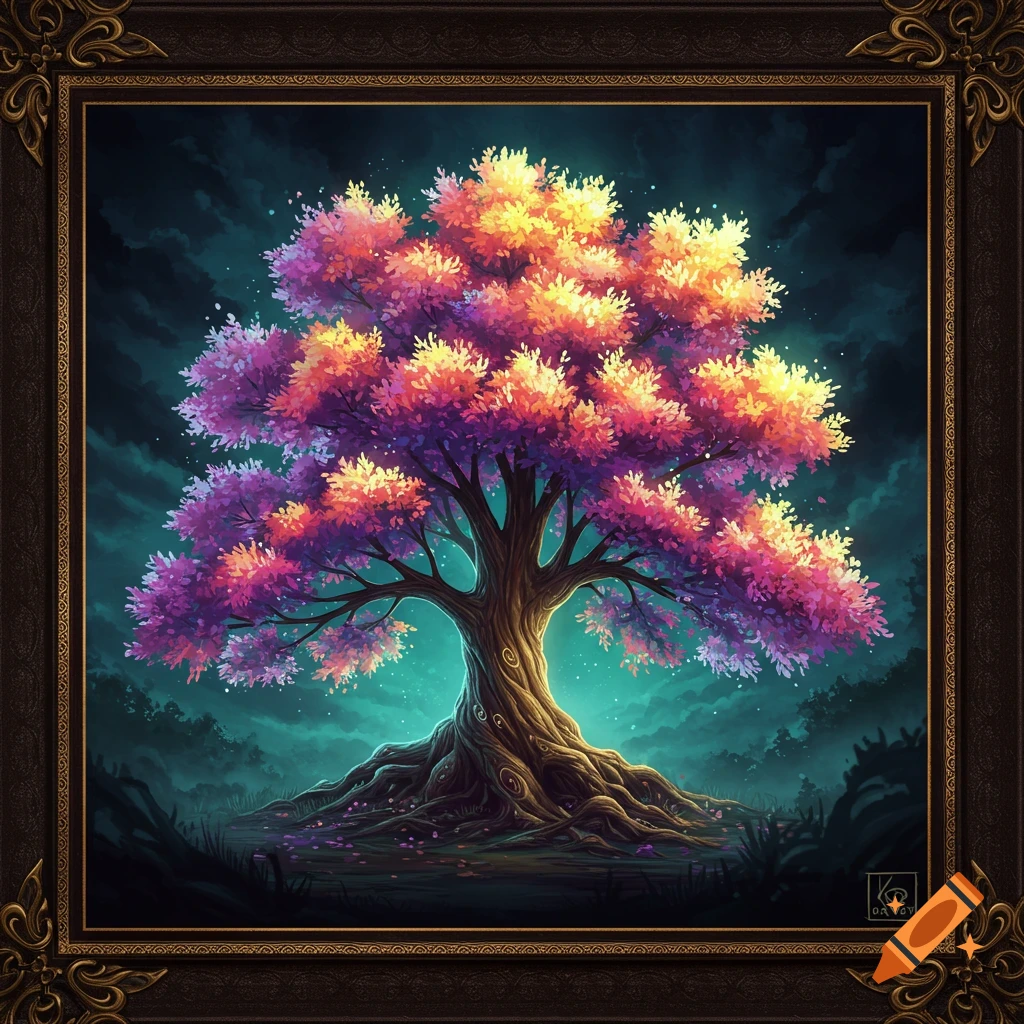 A vibrant, colorful fantasy tree with glowing leaves in a dark forest.
