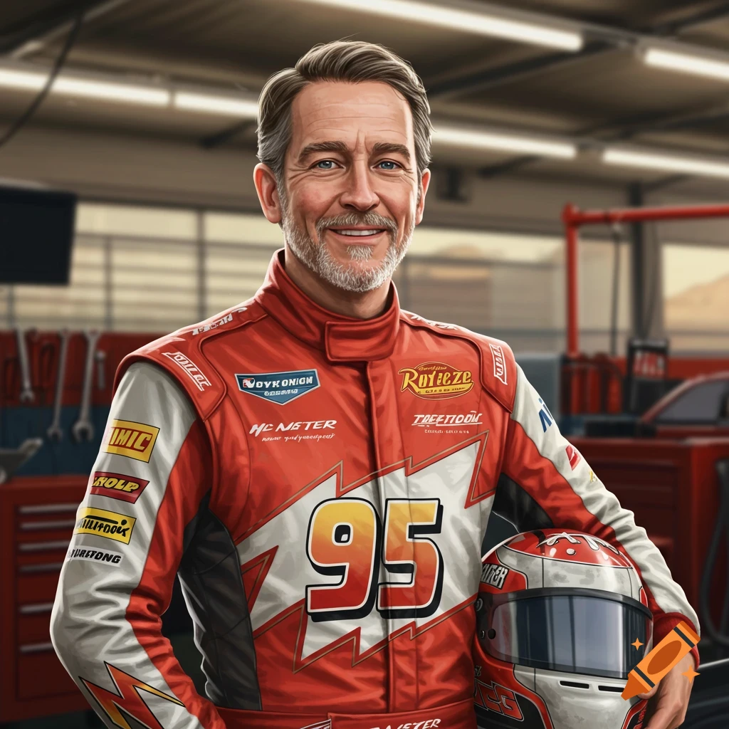 Portrait of a smiling man in a red and white race suit with the number 95, holding a helmet in a garage.