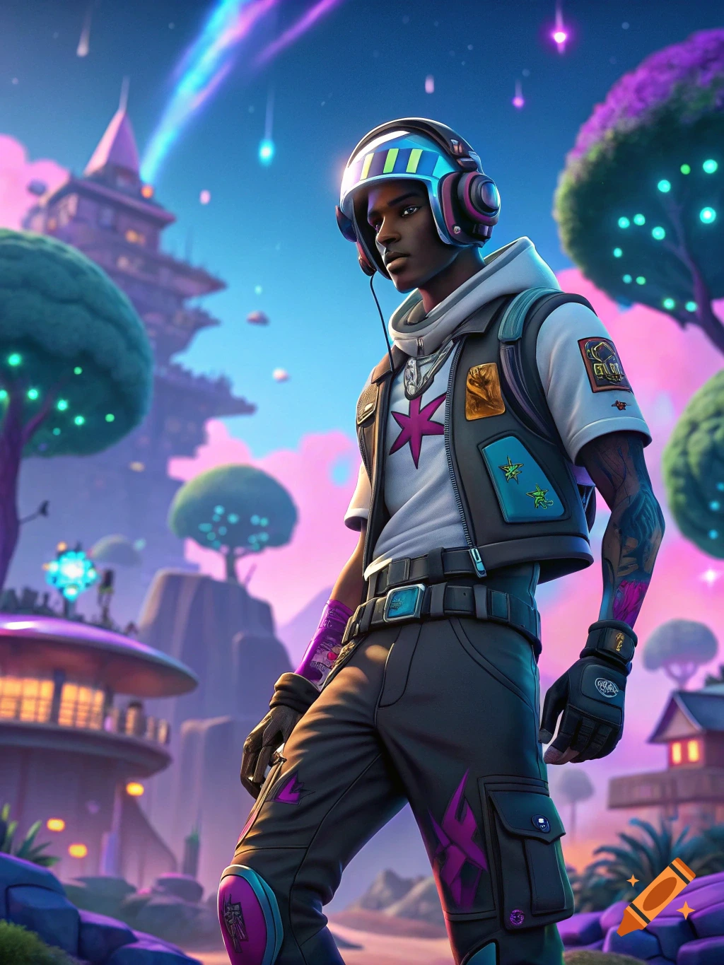 Stylized character in futuristic gear stands in a vibrant fantasy landscape.