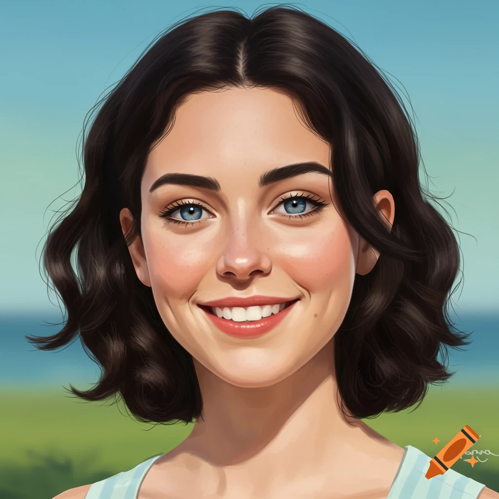 Close-up digital art portrait of a smiling woman with dark wavy hair ...