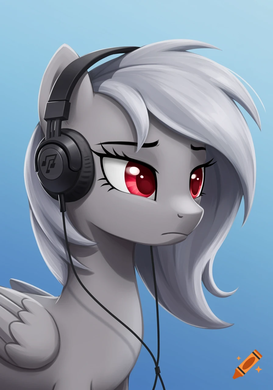Gray animated pony with red eyes and headphones against a blue background.
