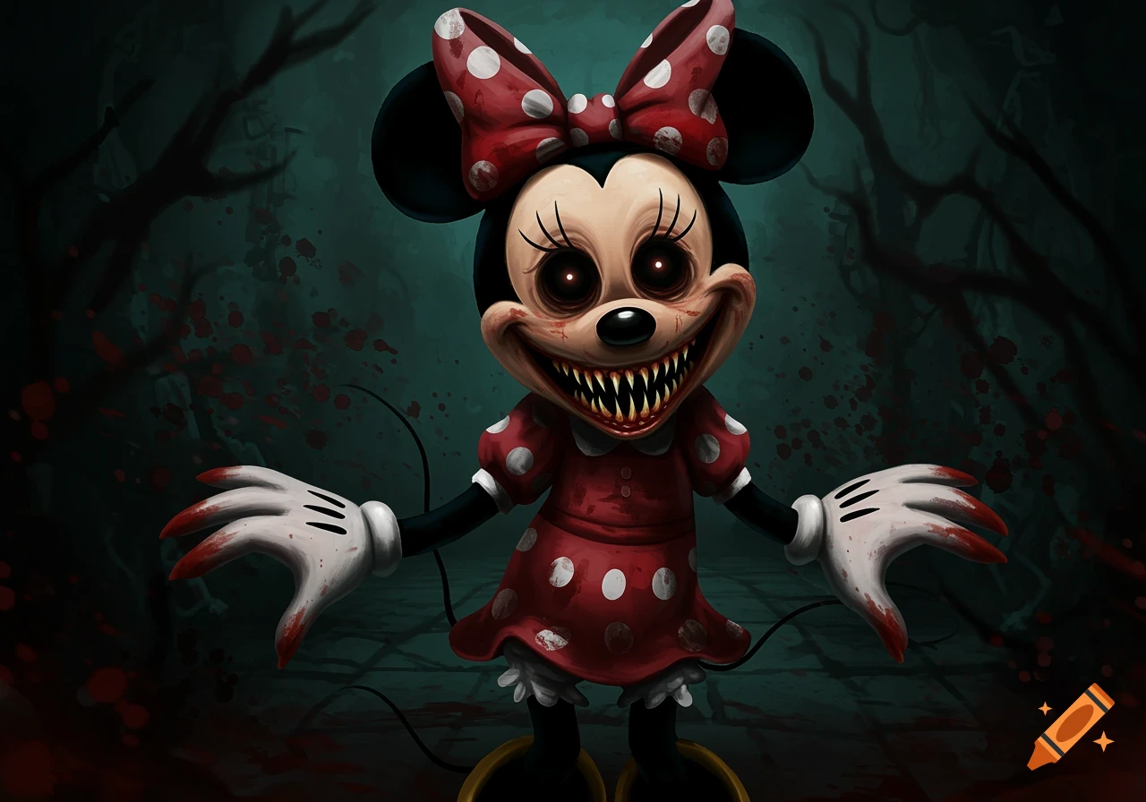 Creepy Minnie Mouse with fangs and bloodstains in a dark forest
