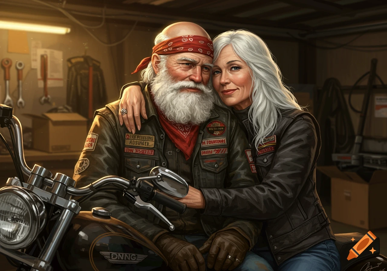 An older biker couple sits together on a motorcycle in a garage