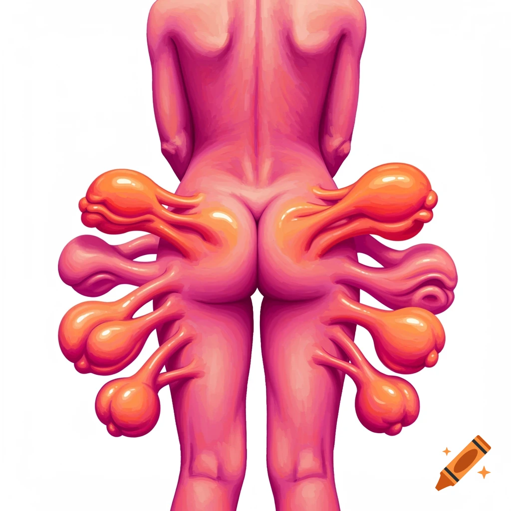 Surreal image of a person's lower back and legs with multiple fleshy, bulbous appendages growing from the hip area.