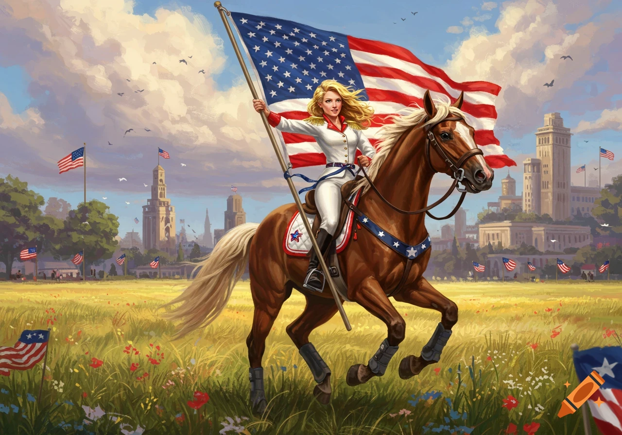Illustration of a woman on a horse waving a large American flag in a field with buildings in the background.
