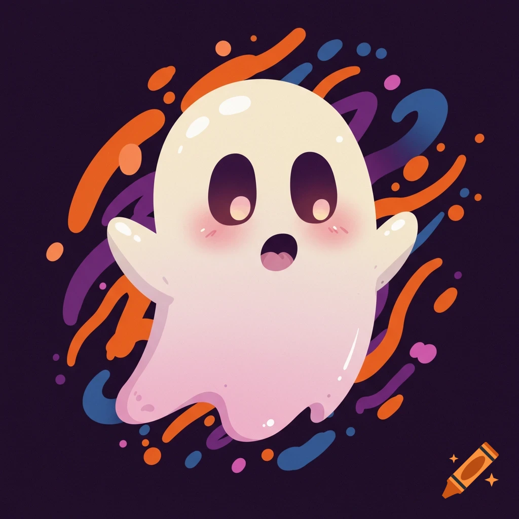 A cute cartoon ghost floating on a dark background with colorful abstract shapes.