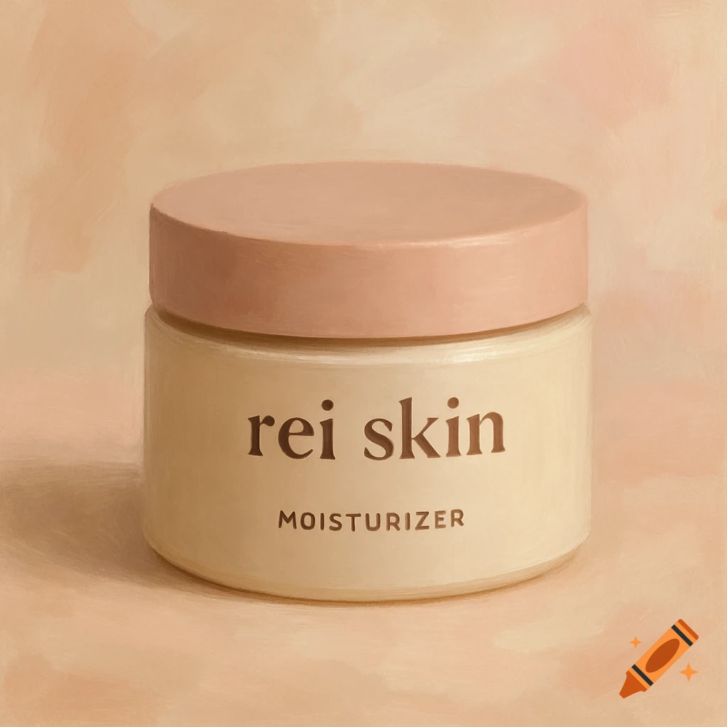 A jar of Rei Skin moisturizer with a pink lid, against a light brown background, in a painted style.