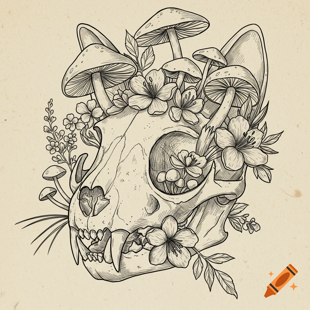 A line art drawing of a cat skull adorned with mushrooms and flowers.