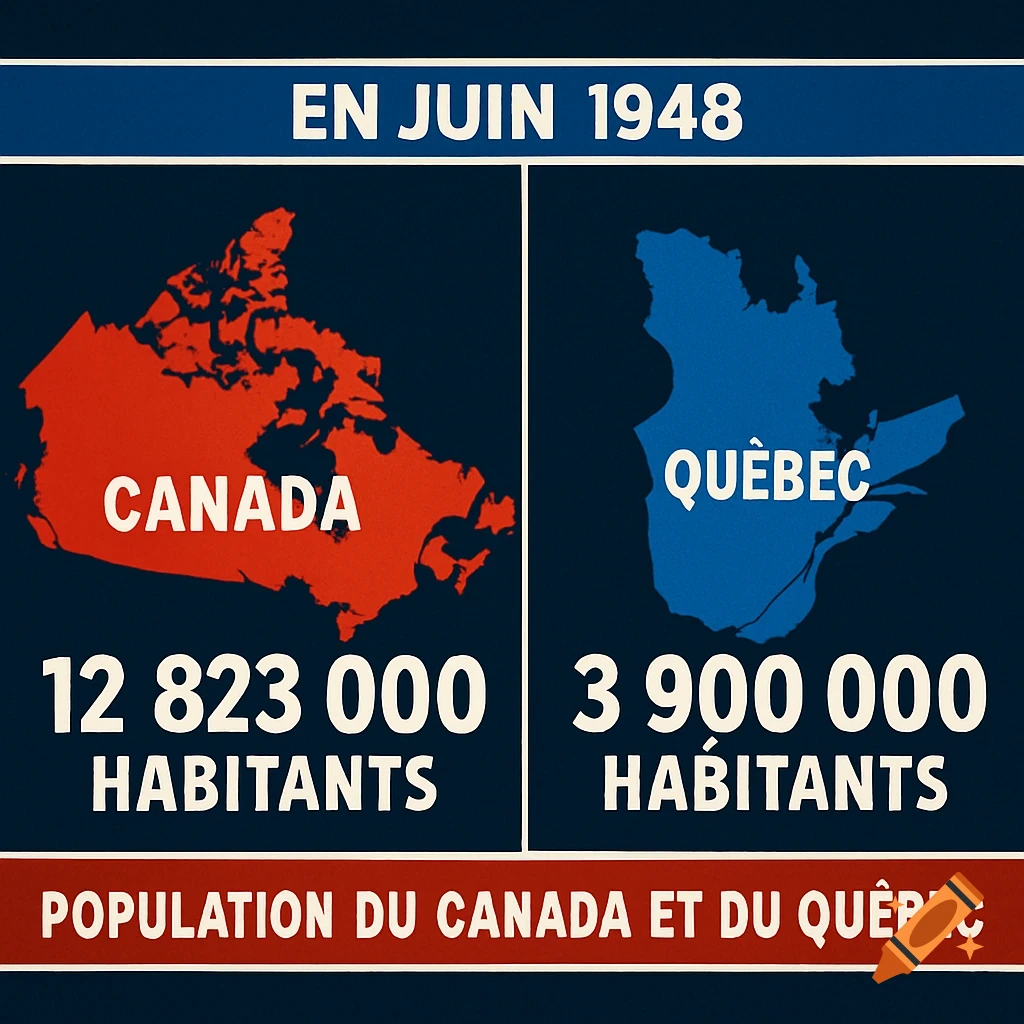 Chart showing Canada population 12,823,000 and Quebec population 3,900,000 in June 1948.