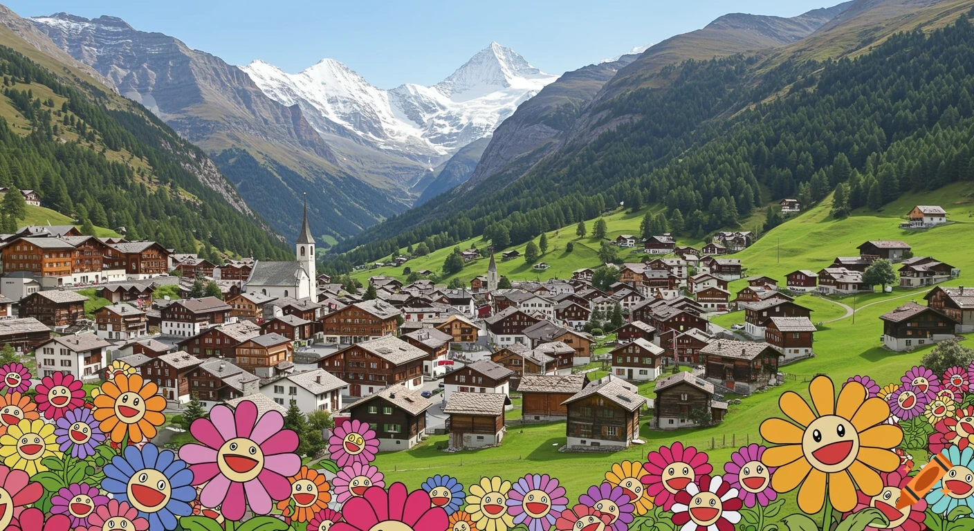 A village nestled in a mountain valley with snow-capped peaks and cartoon flowers in the foreground.