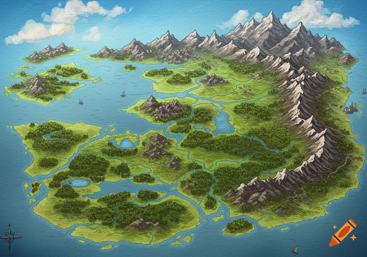 A hand-drawn style fantasy map with islands, mountains, forests, rivers, lakes, and ships.