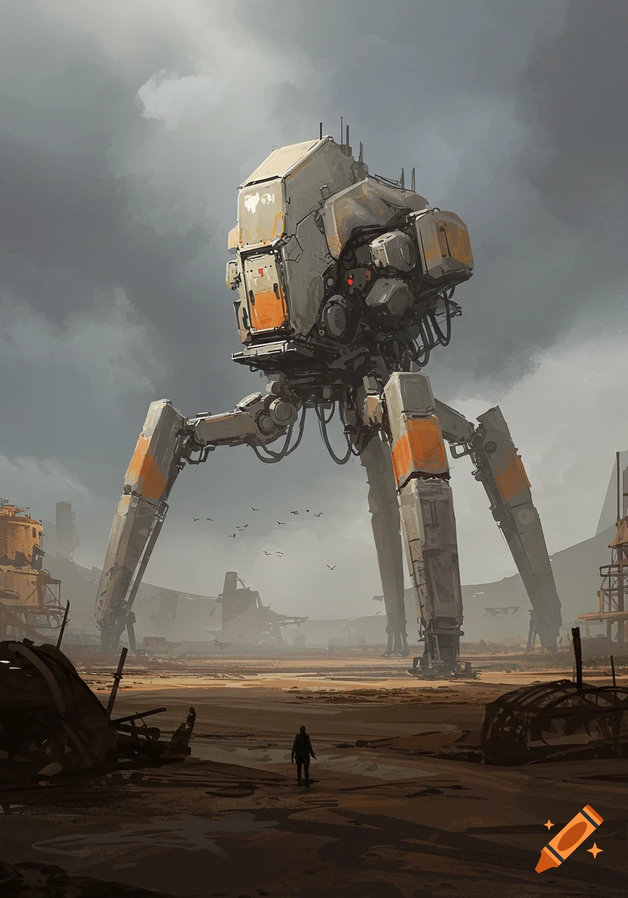 Large walking robot in a desolate industrial wasteland with a small figure in the foreground, concept art style.