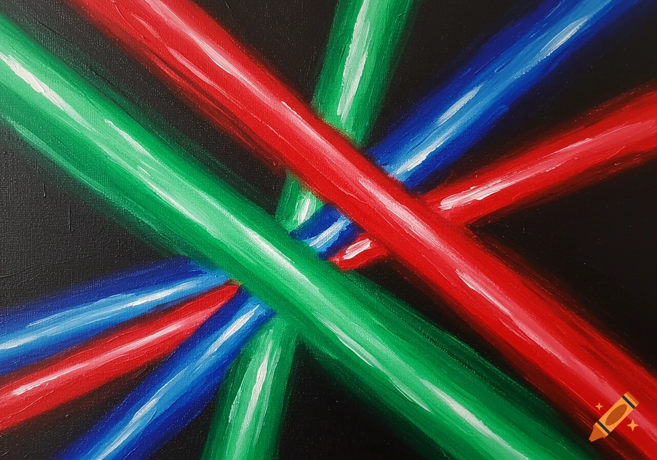 Abstract painting of crossing red, green, and blue light beams on black