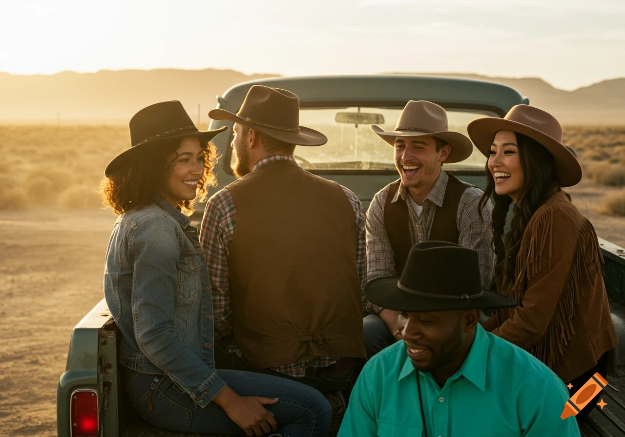 Five friends in western wear sit in the back of a pickup truck at sunset in the desert.
