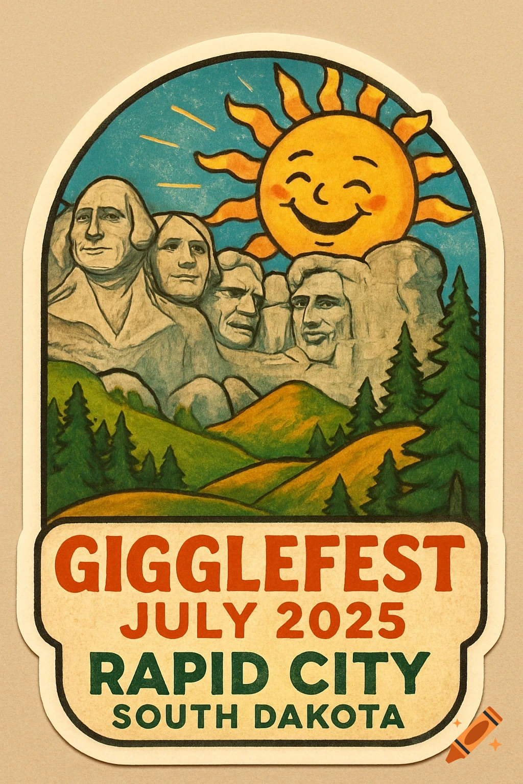 Sticker design of Mount Rushmore, hills, and a happy sun with text 'Gigglefest July 2025 Rapid City South Dakota'.