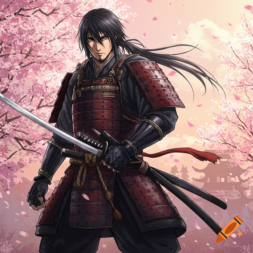 Anime style samurai warrior with sword in cherry blossom setting.