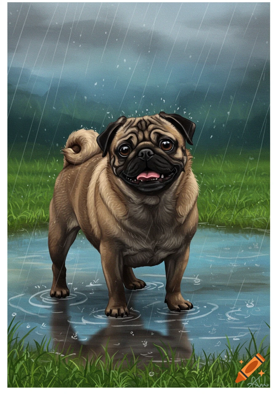 A happy pug stands in puddles in the rain, illustrated style.