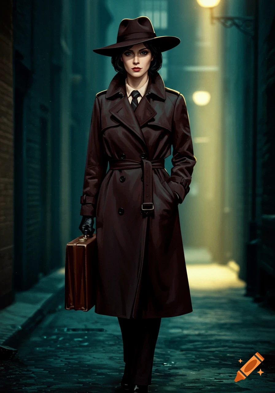 A woman in a fedora and trench coat stands in a dark alley holding a briefcase.