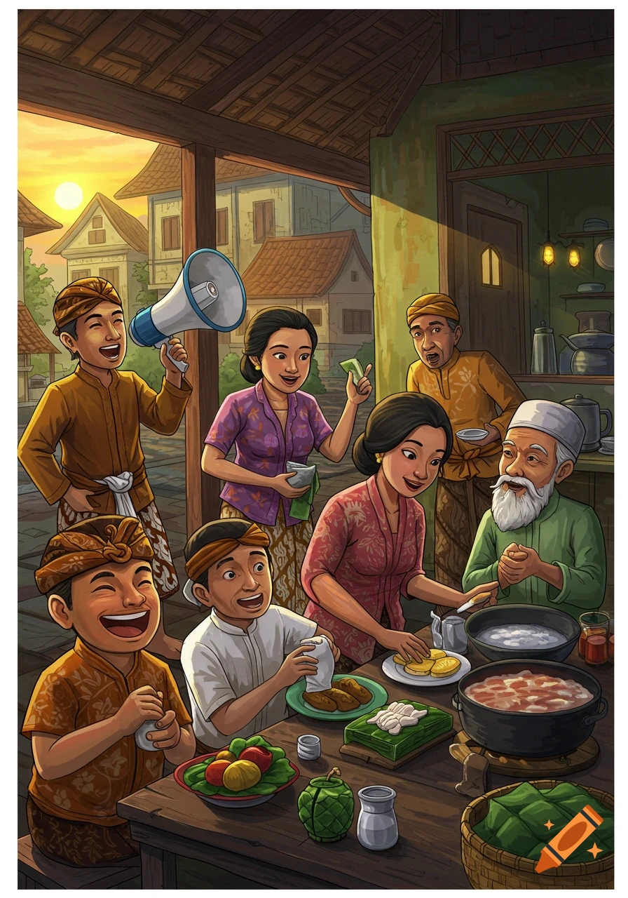 Illustration of a family eating a meal together in a village setting