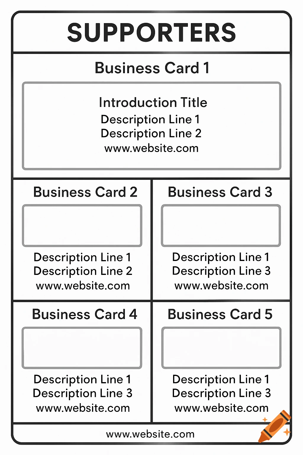 Black and white graphic layout showing a template for business cards with placeholder text.