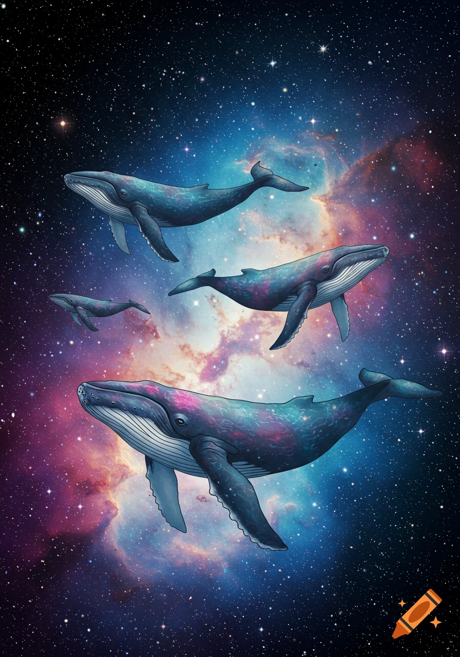 Several whales swim through a colorful nebula in space.