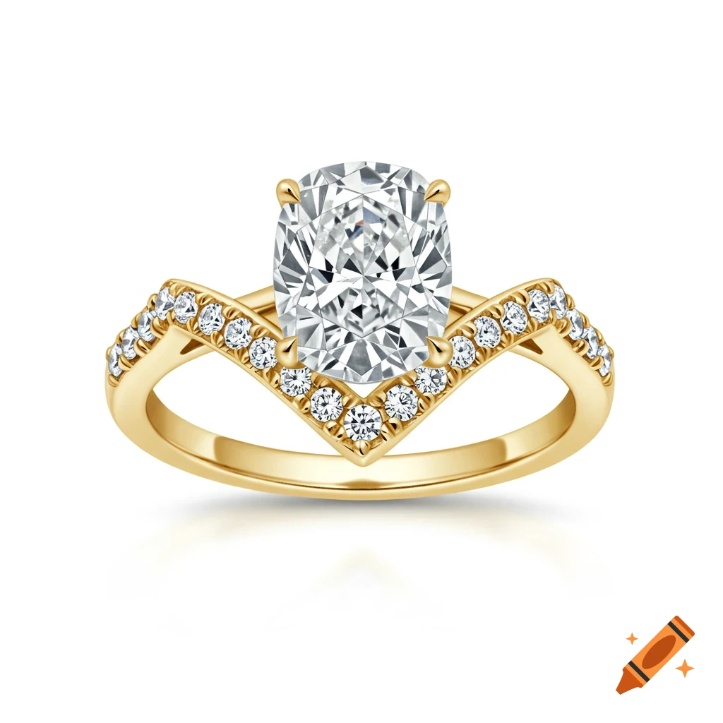Gold engagement ring with cushion cut diamond and diamond V-halo.