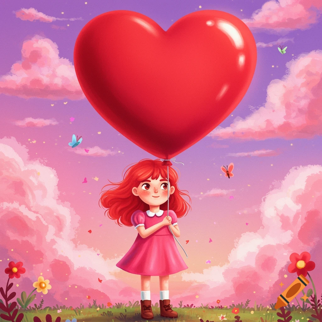 A cartoonish girl with red hair holds a large red heart balloon in a colorful sky with clouds and butterflies.