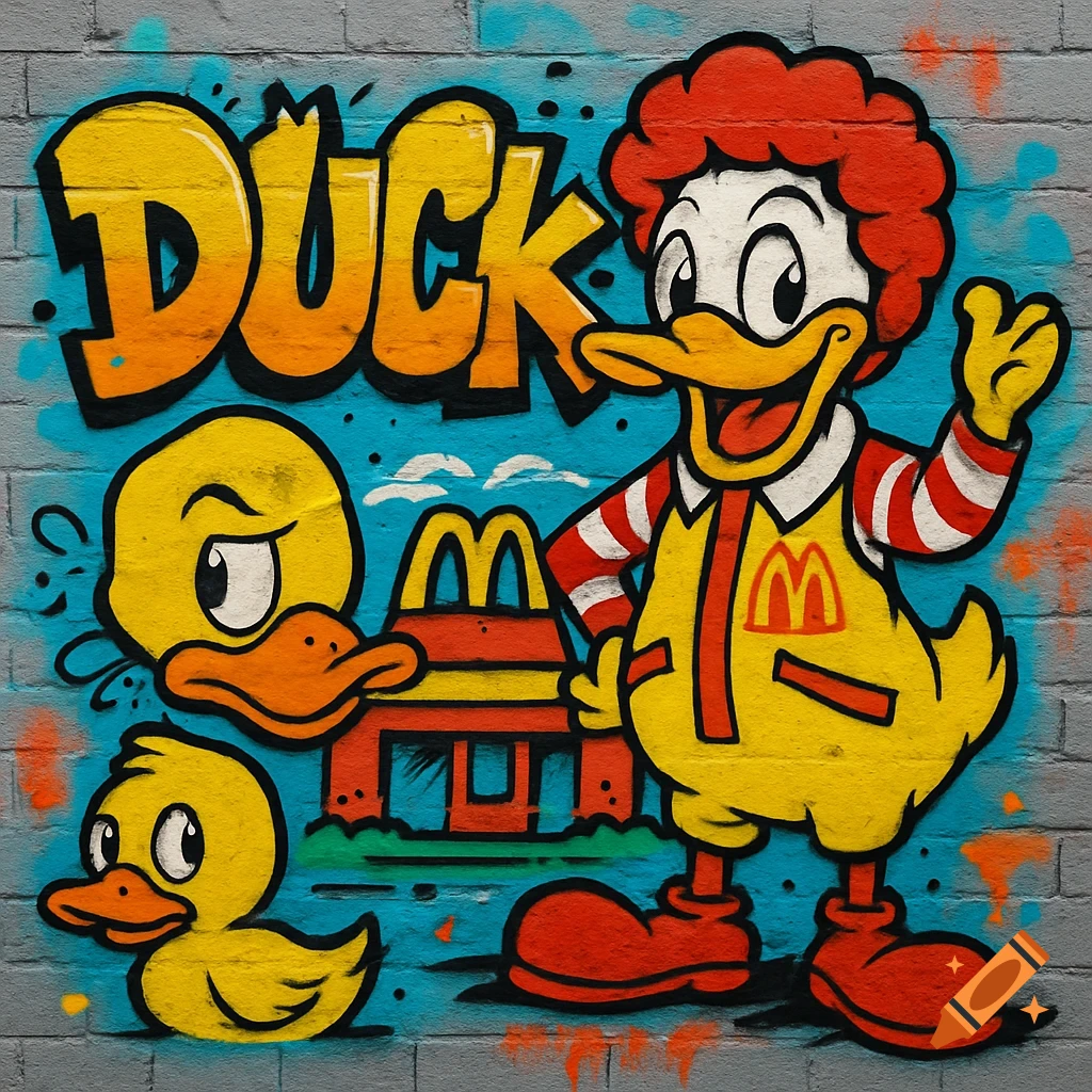 Graffiti art on a brick wall showing a duck dressed as Ronald McDonald next to two other ducks and the word DUCK.