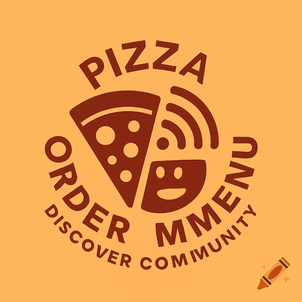 Stylized pizza order logo with pizza slice, symbols, and text 'PIZZA ORDER MENU DISCOVER COMMUNITY'.
